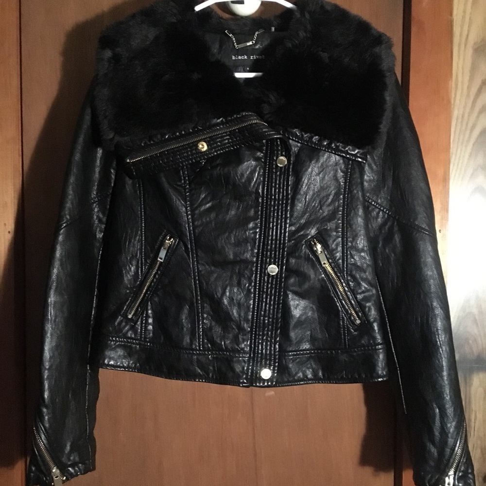 Black Rivet faux biker jacket with fur!